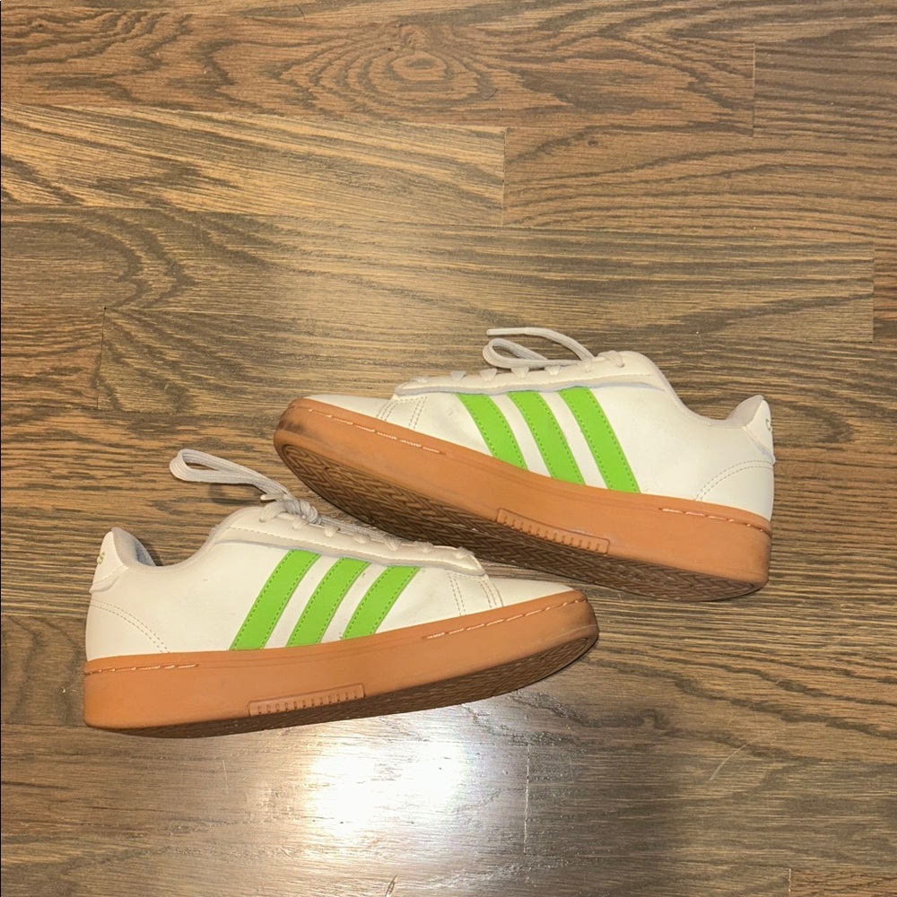 adidas women’s White and Lime Sneakers